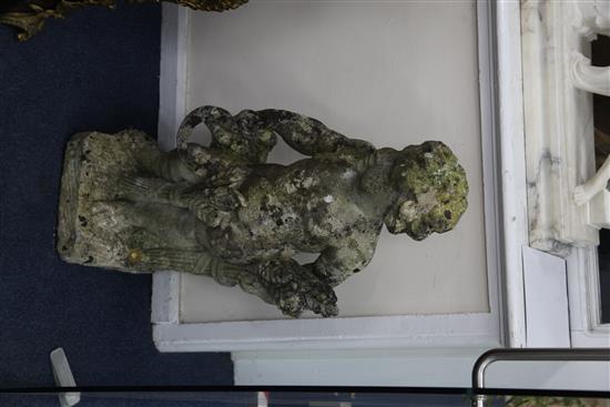 A set of eight reconstituted stone figures of putti holding vines, floral swags and other foliate motifs, H. 2ft 4in.